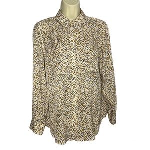Chico’s The Keys Print Button Front Satin Shirt Gold & Cream Lingerie Sleeve